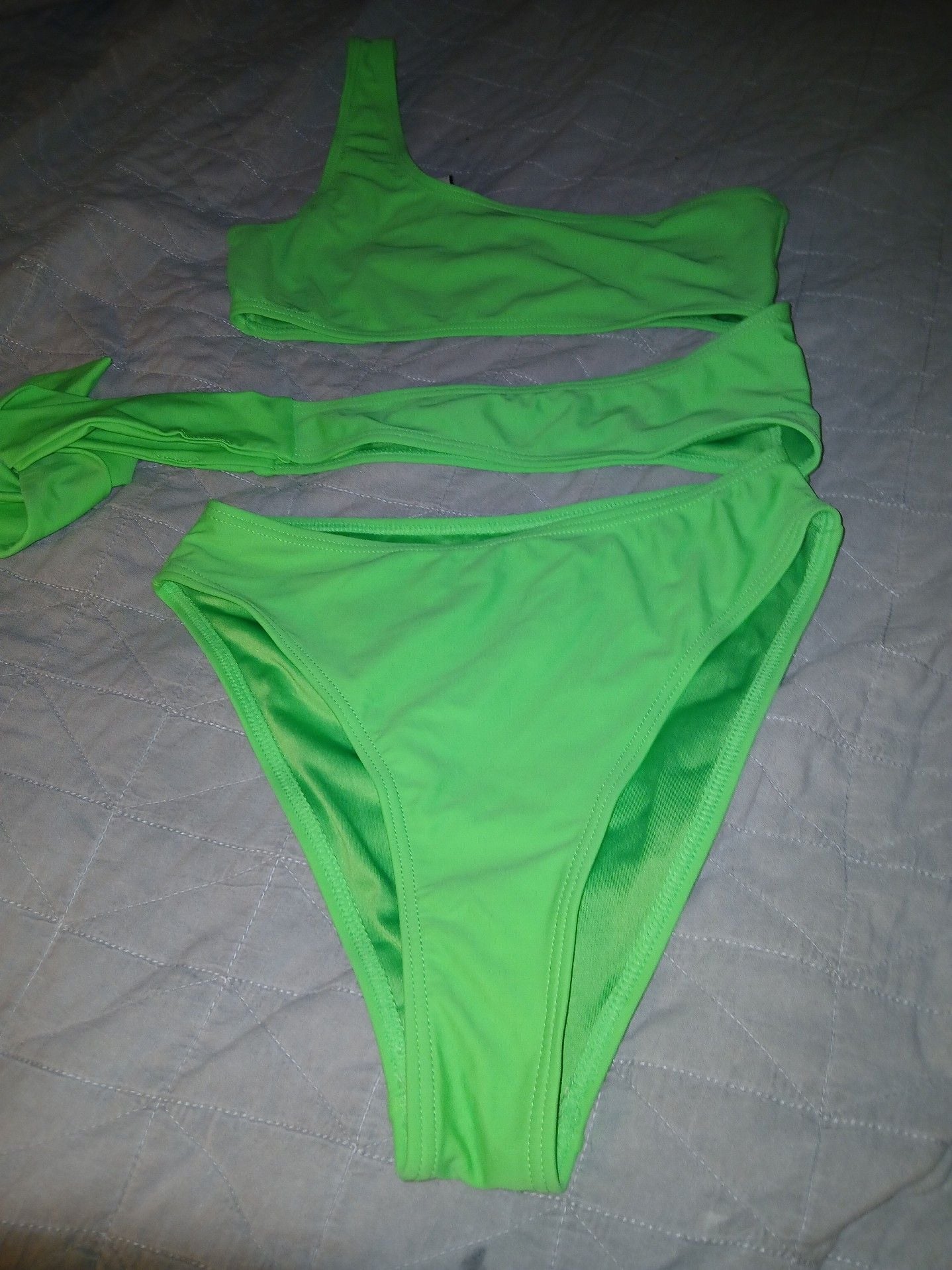 South Beach Neon Green One Shoulder Cutout Bikini Set 1