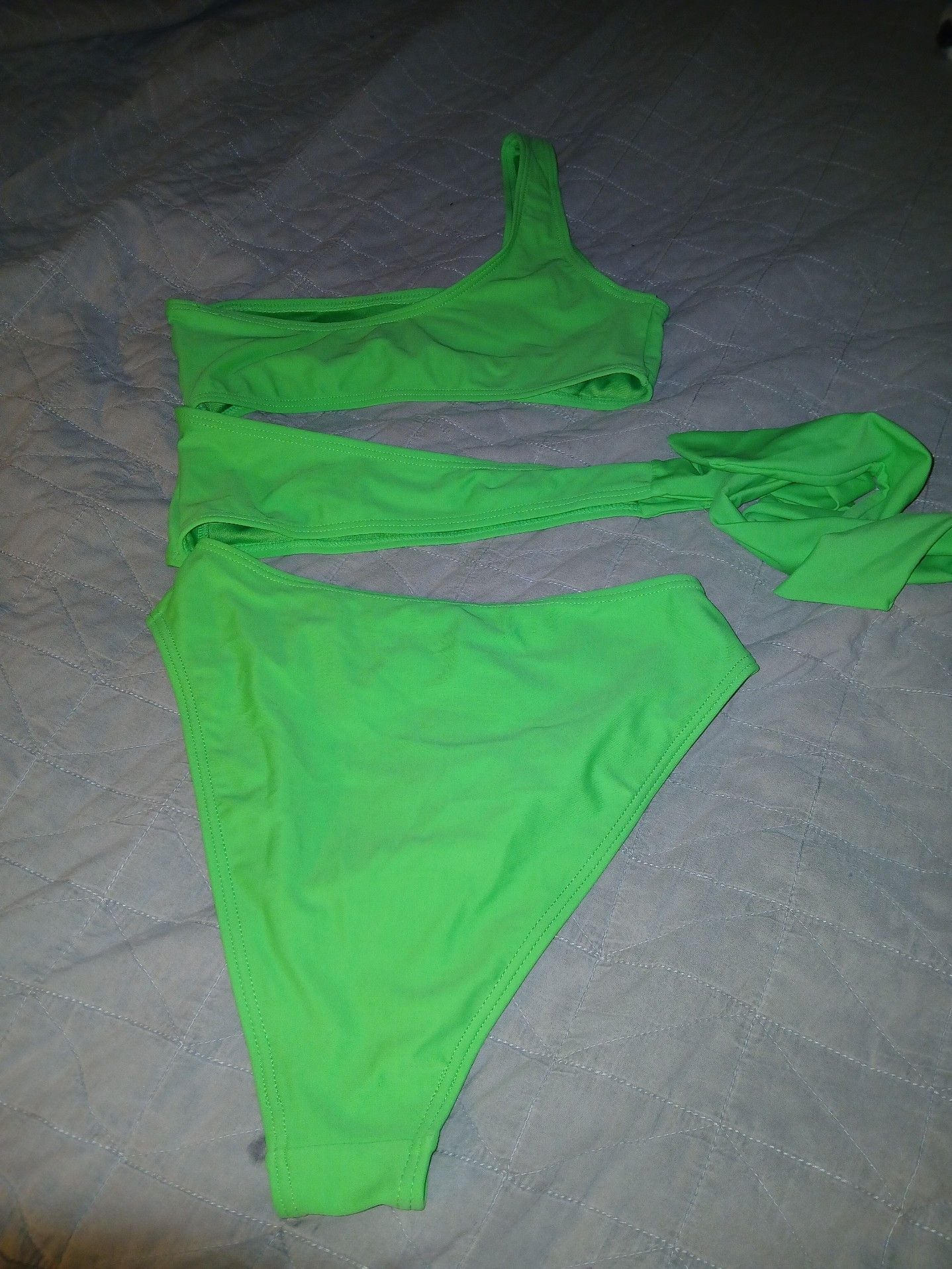 South Beach Neon Green One Shoulder Cutout Bikini Set 2