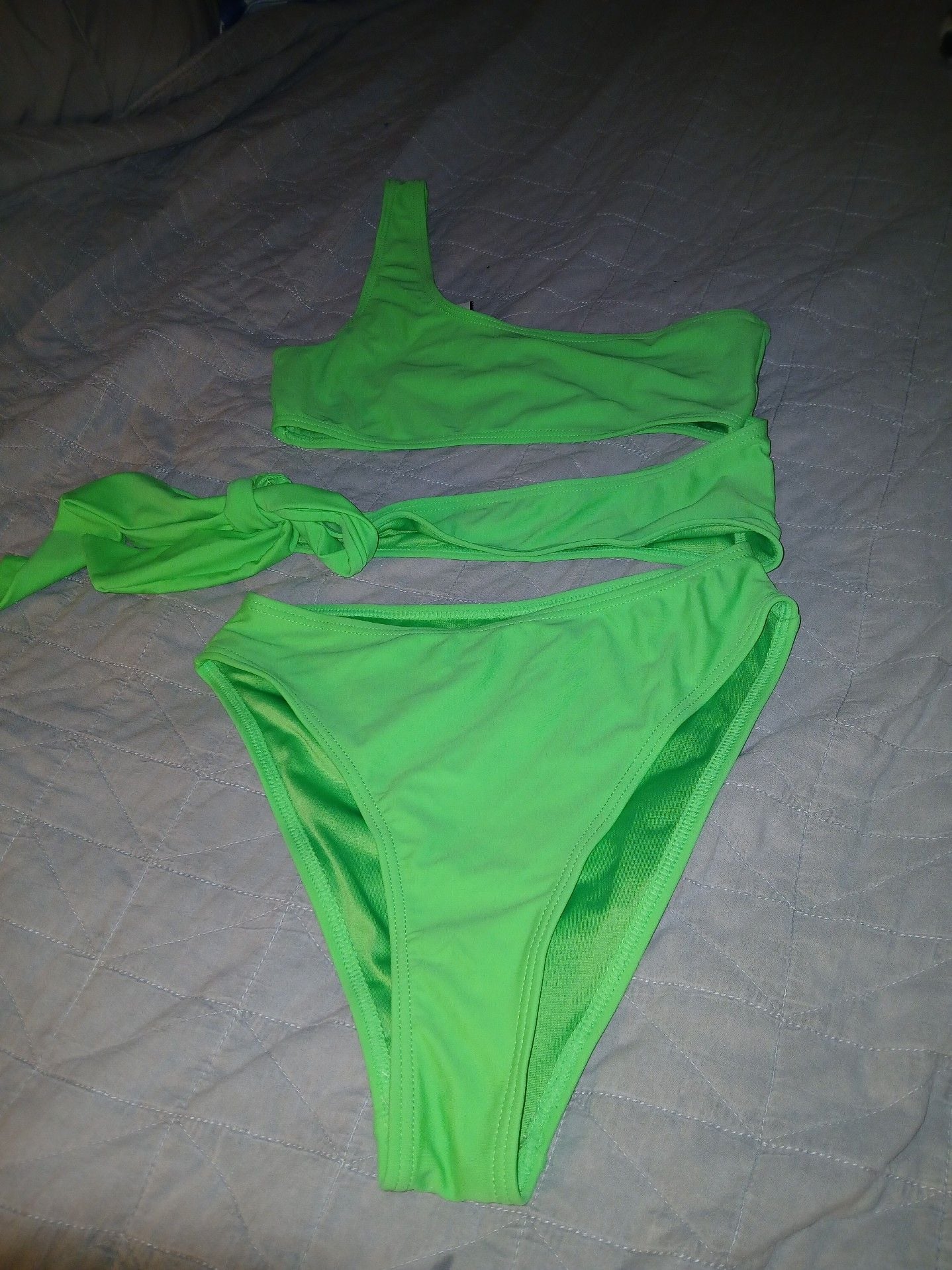 South Beach Neon Green One Shoulder Cutout Bikini Set 3