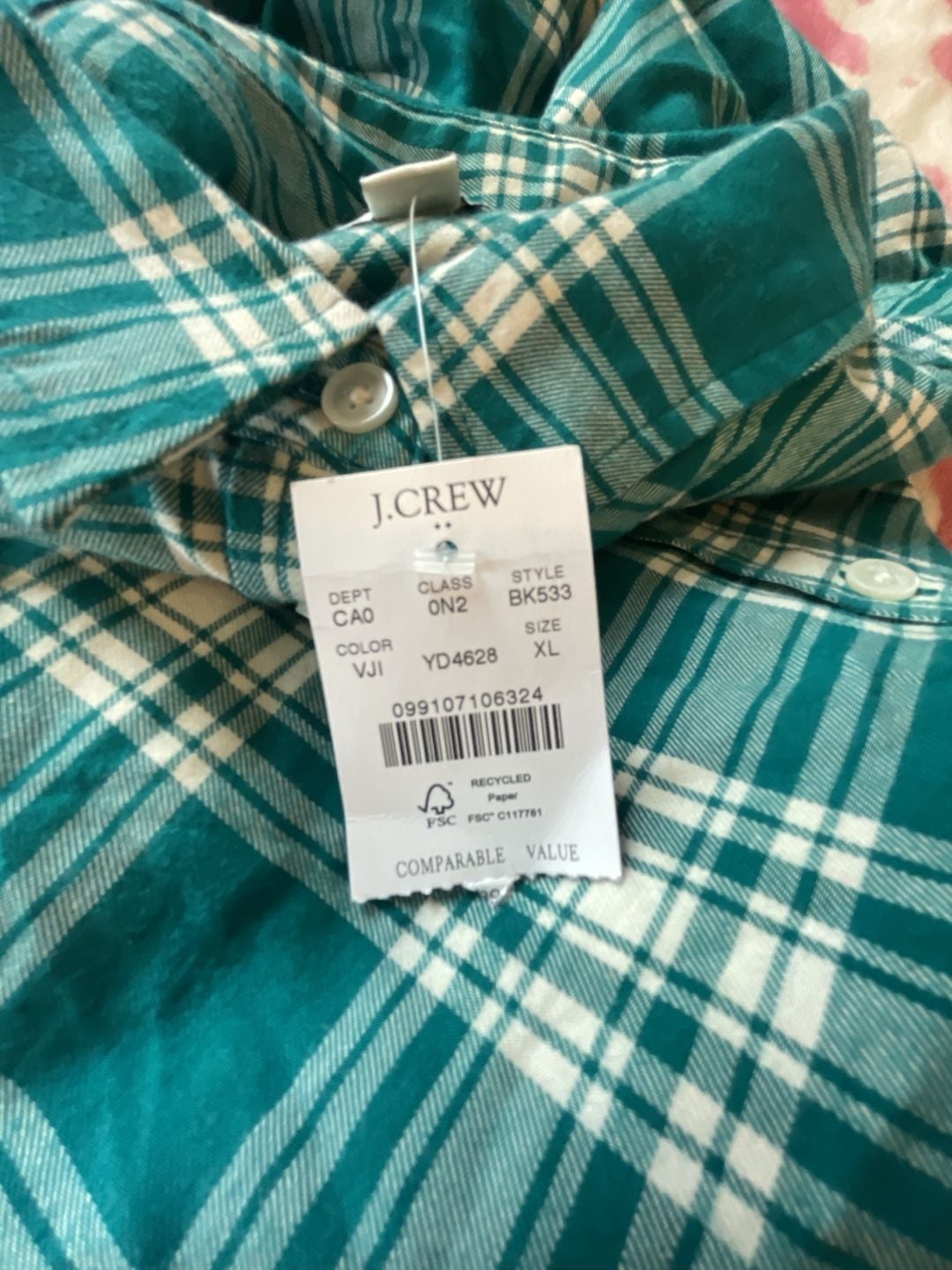 100% Cotton J.Crew Green Plaid Button Down Shirt Size XL 8
