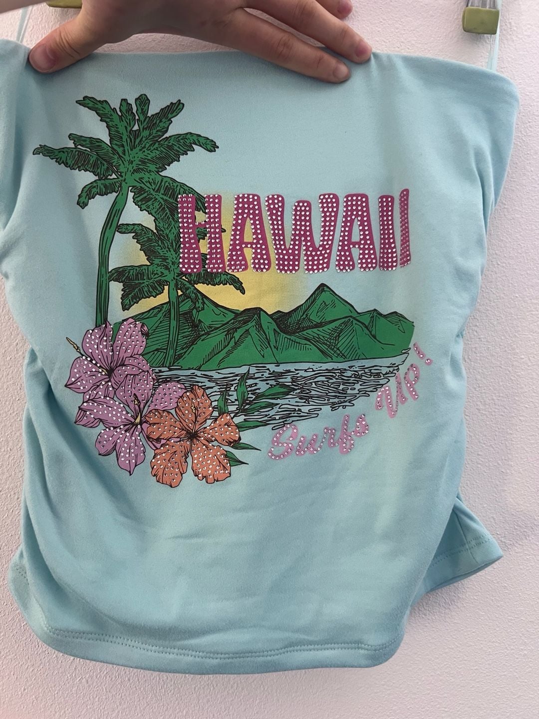 Vintage Hawaii Surfs Up Rhinestone Graphic Ruched Tube Top Size M strapless 2