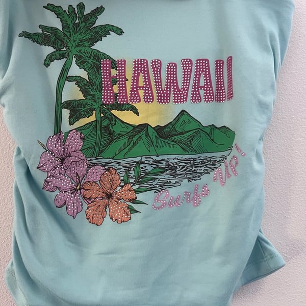 Vintage Hawaii Surfs Up Rhinestone Graphic Ruched Tube Top Size M strapless