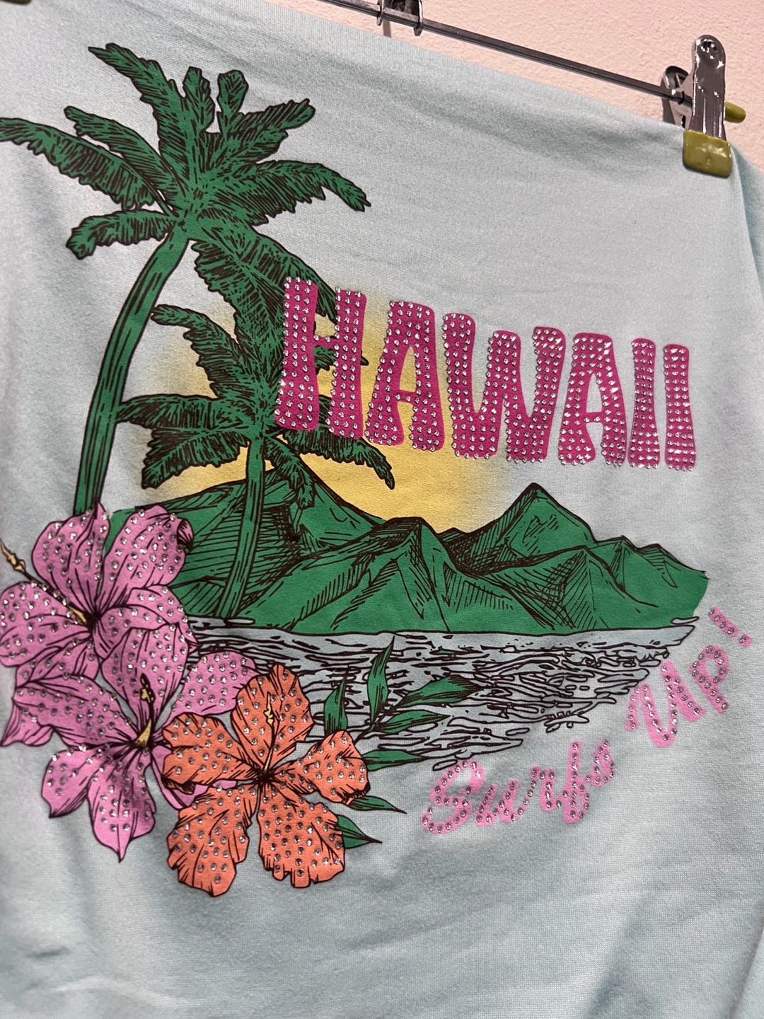 Vintage Hawaii Surfs Up Rhinestone Graphic Ruched Tube Top Size M strapless 3