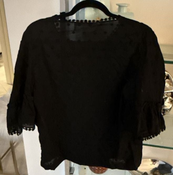SeeByChloe Black Swiss Dot Cotton Ruffle Sleeve Blouse Size 42 4