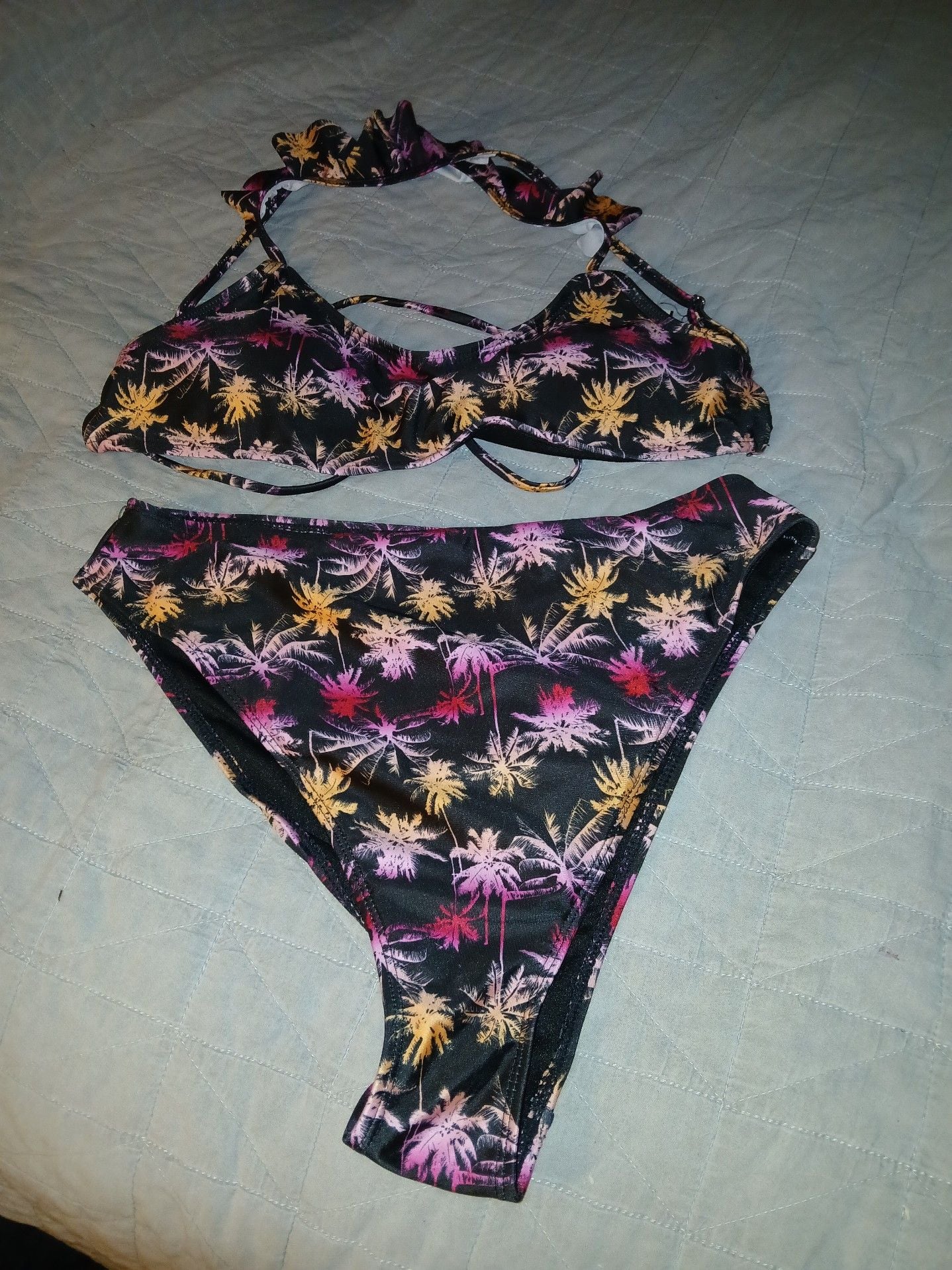 LA Swim Women's Large Palm Tree Print High Waisted Bikini Set 1