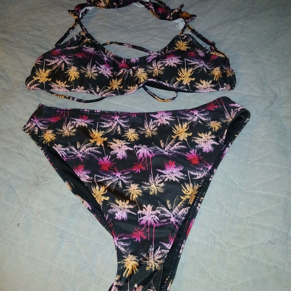 LA Swim Women's Large Palm Tree Print High Waisted Bikini Set