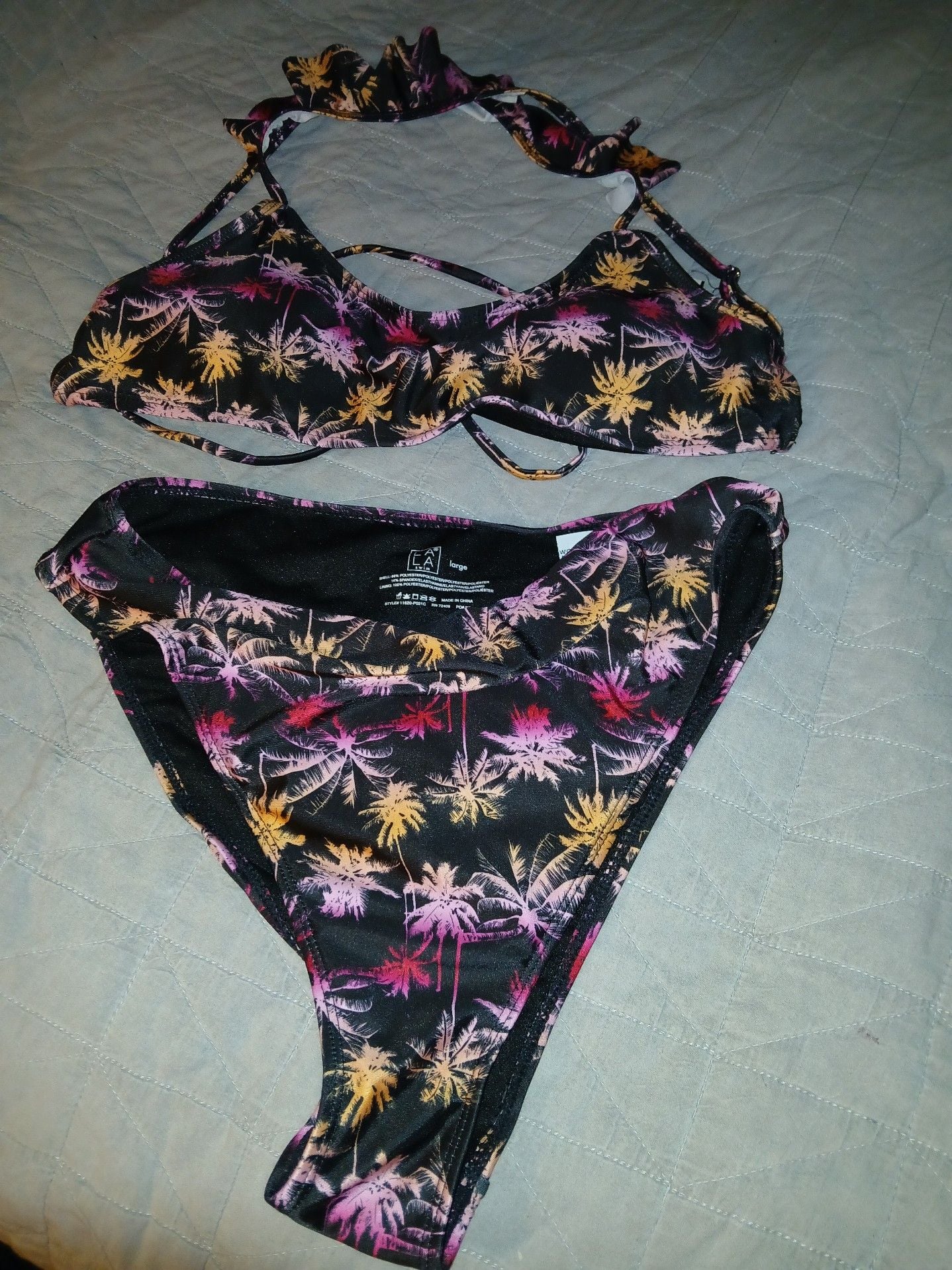 LA Swim Women's Large Palm Tree Print High Waisted Bikini Set 2