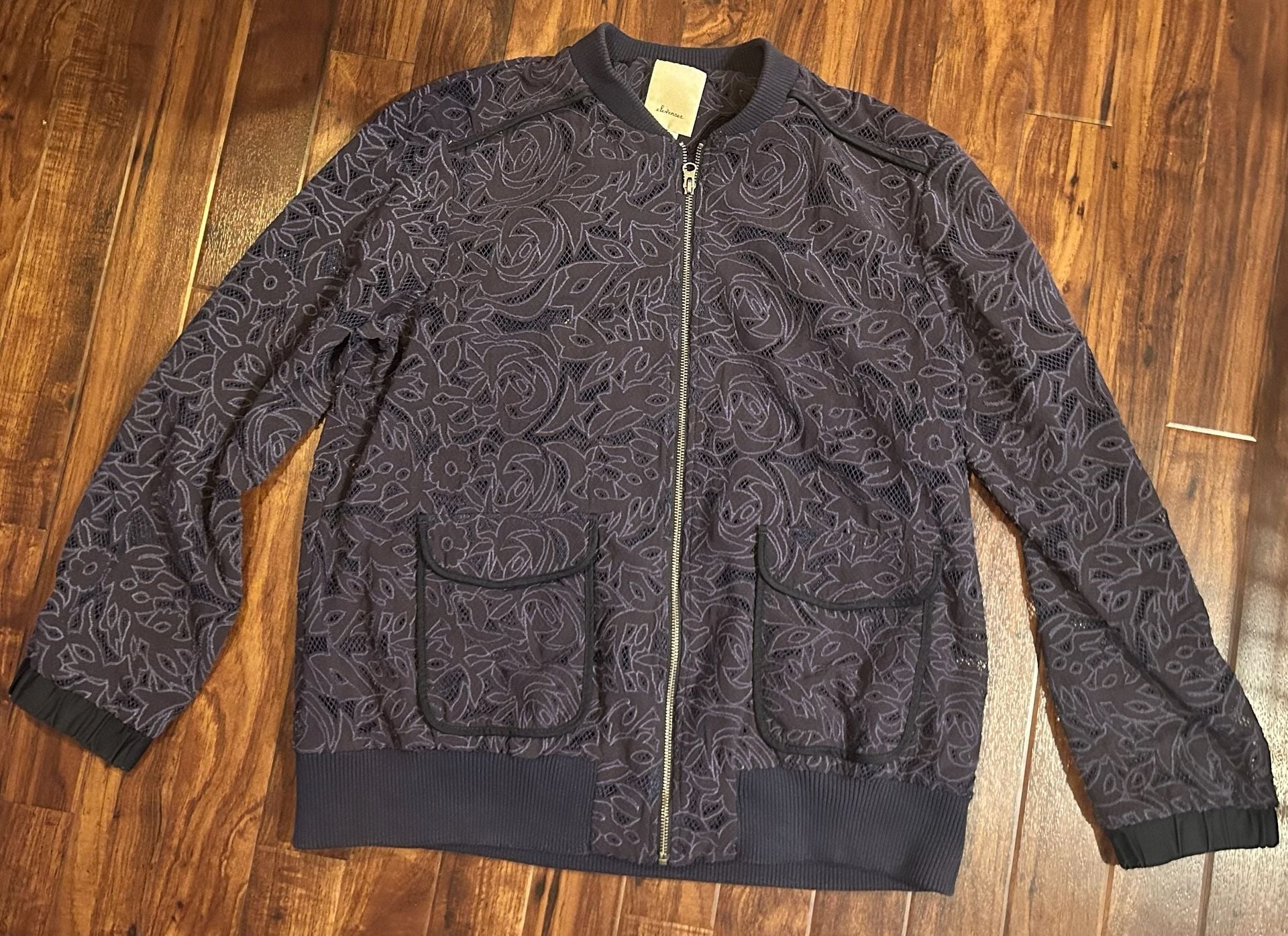 Elevenses Women's Size L Navy Blue Floral Lace Bomber Jacket 2