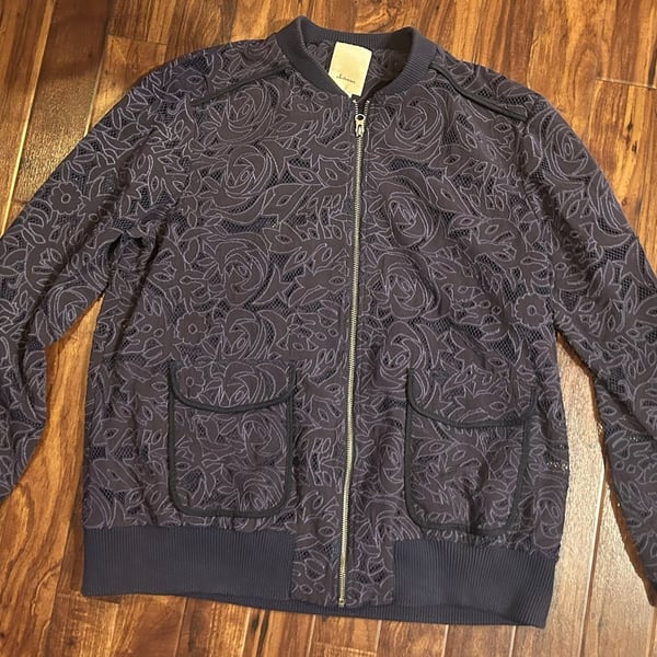 Elevenses Women's Size L Navy Blue Floral Lace Bomber Jacket