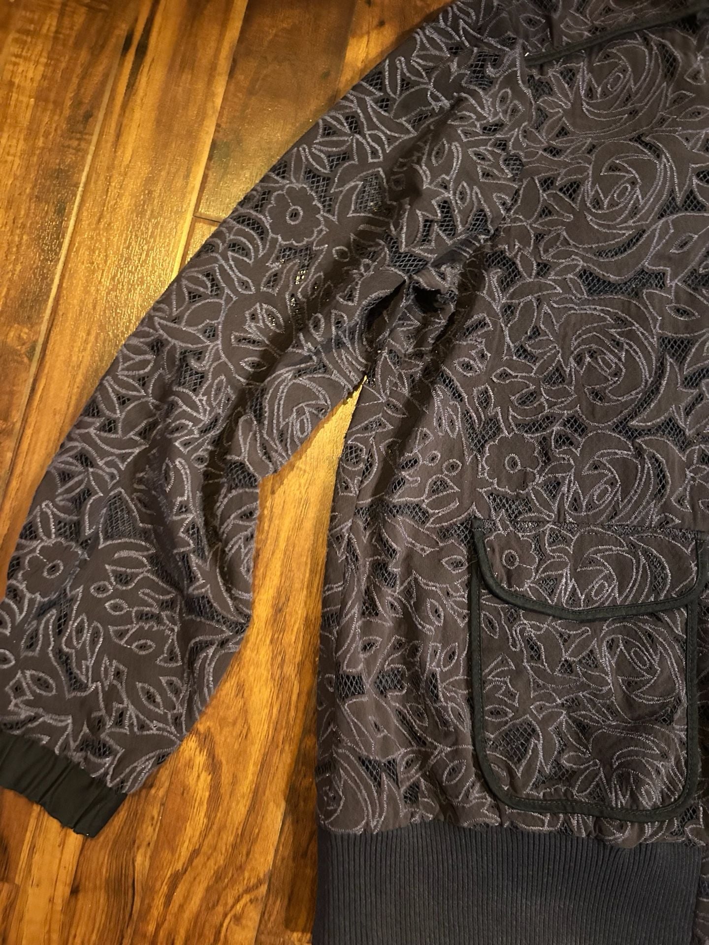 Elevenses Women's Size L Navy Blue Floral Lace Bomber Jacket 4
