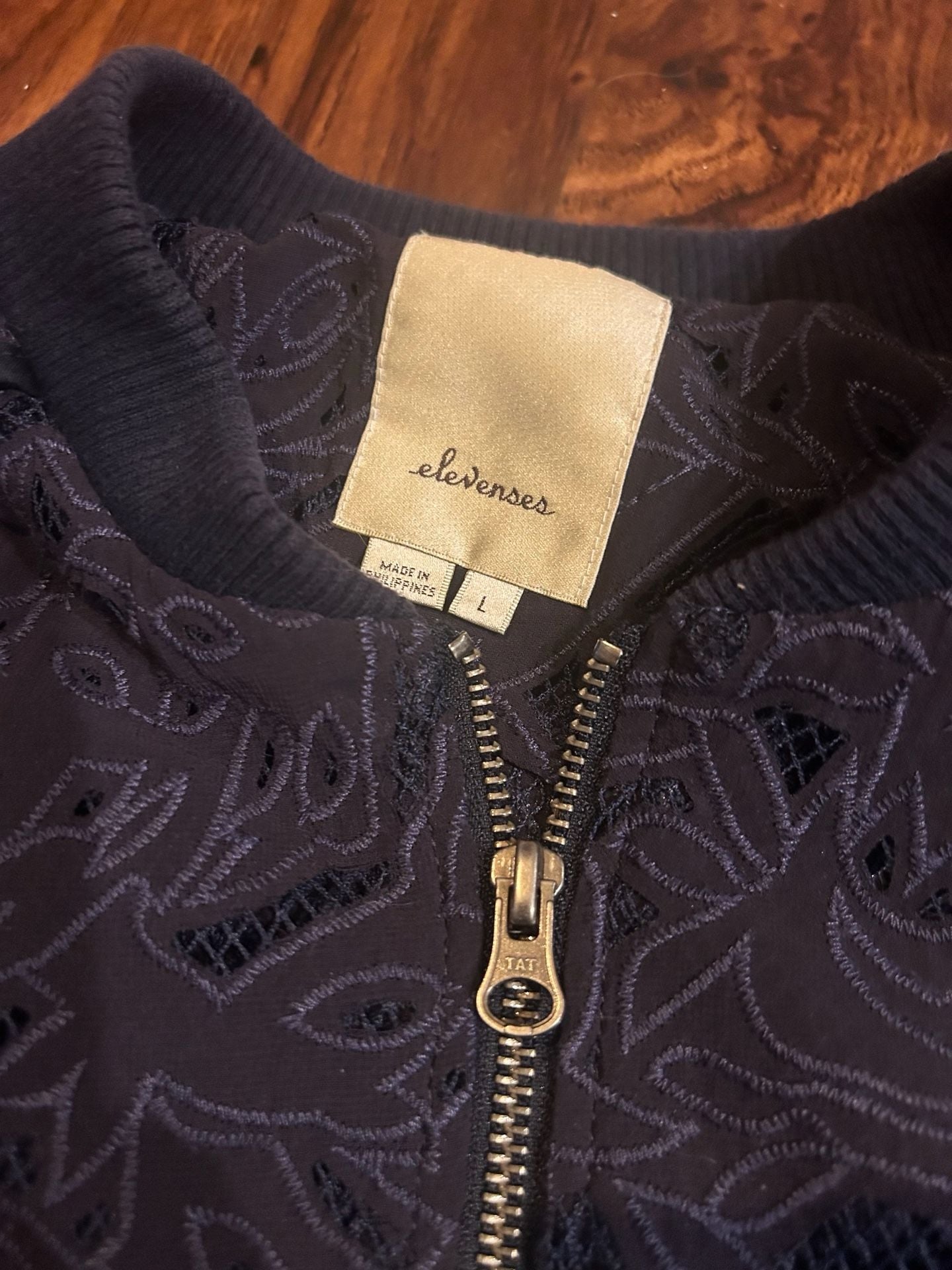 Elevenses Women's Size L Navy Blue Floral Lace Bomber Jacket 5
