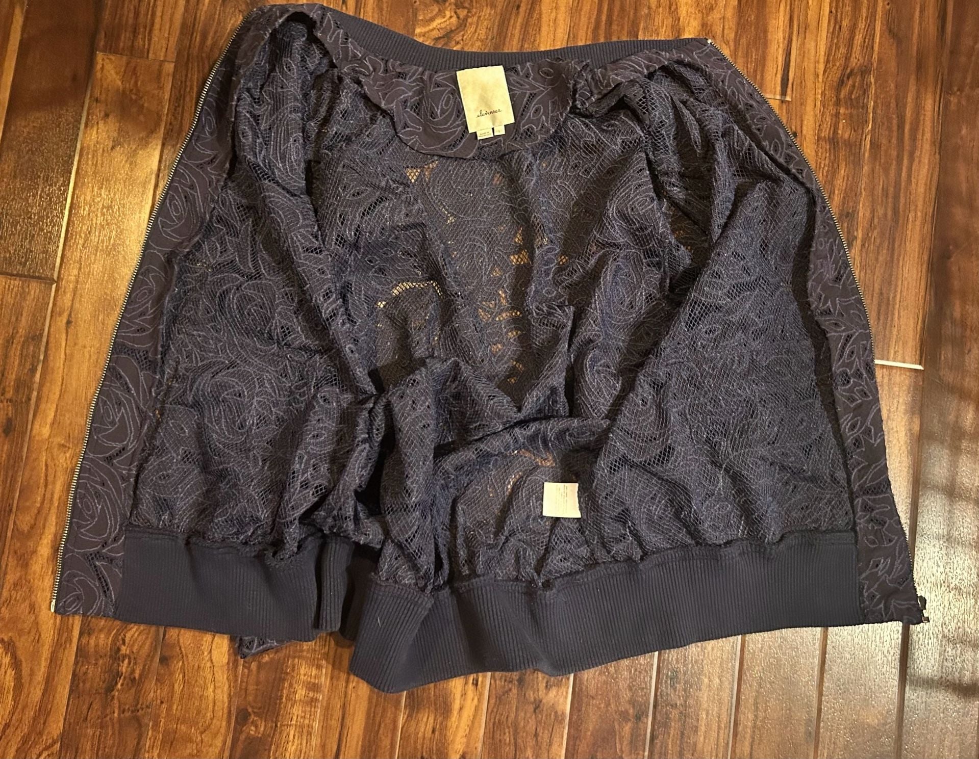 Elevenses Women's Size L Navy Blue Floral Lace Bomber Jacket 11