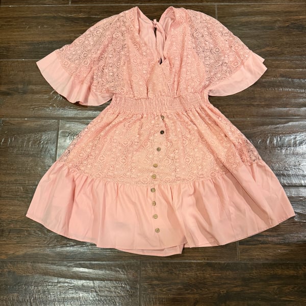 Pink Lace Flutter Sleeve Button Front Mini Dress