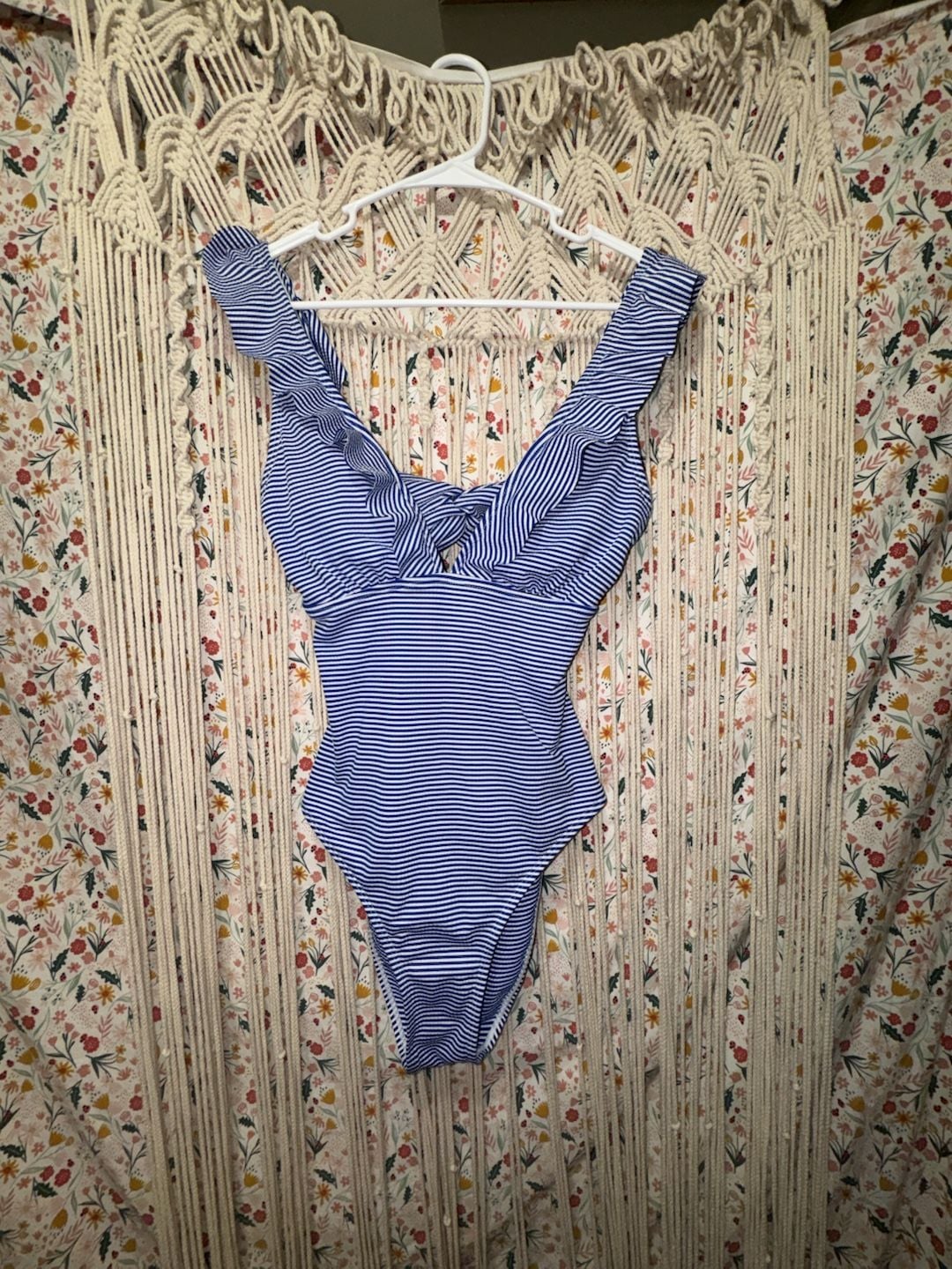 Blue White Striped Ruffle One Piece Swimsuit Womens Coastal Cottagecore Swimwear 2