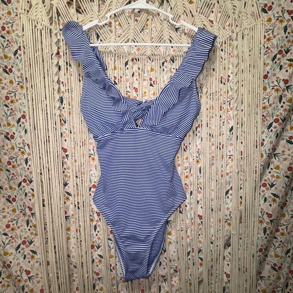 Blue White Striped Ruffle One Piece Swimsuit Womens Coastal Cottagecore Swimwear