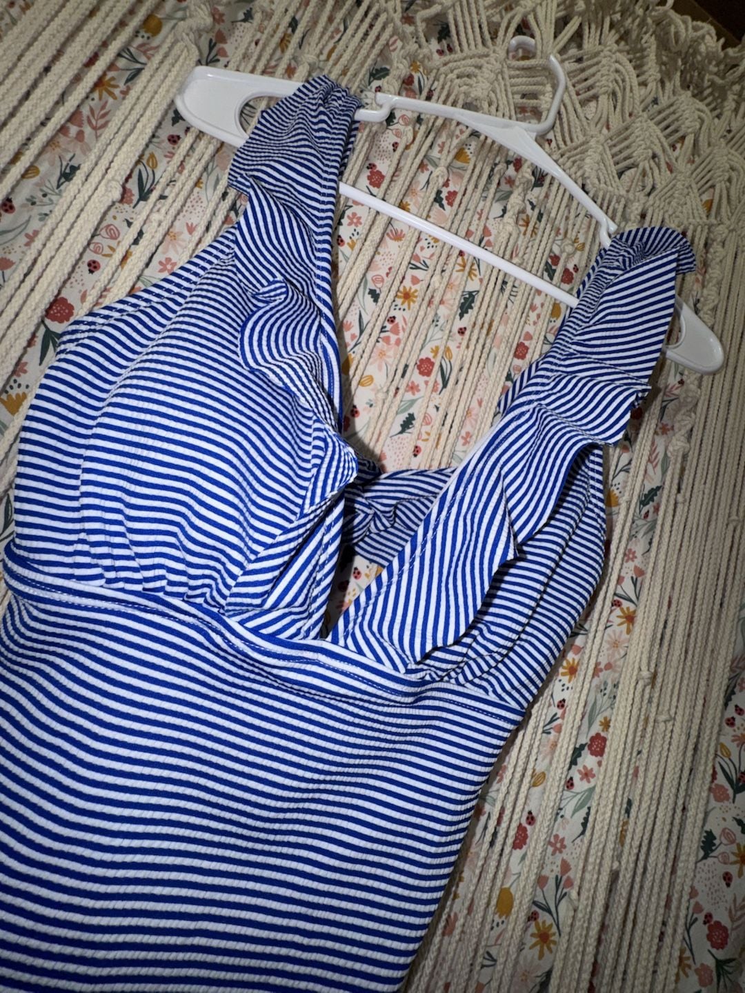 Blue White Striped Ruffle One Piece Swimsuit Womens Coastal Cottagecore Swimwear 4