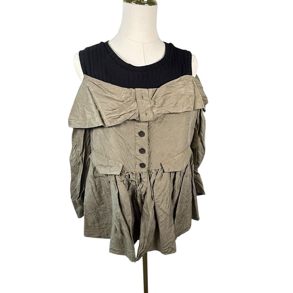 Artelier Nicole Miller Size M Olive Green Cold Shoulder Peplum Blouse