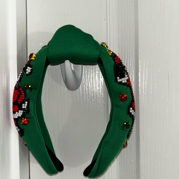 Green Knotted Christmas Holiday Beaded Headband