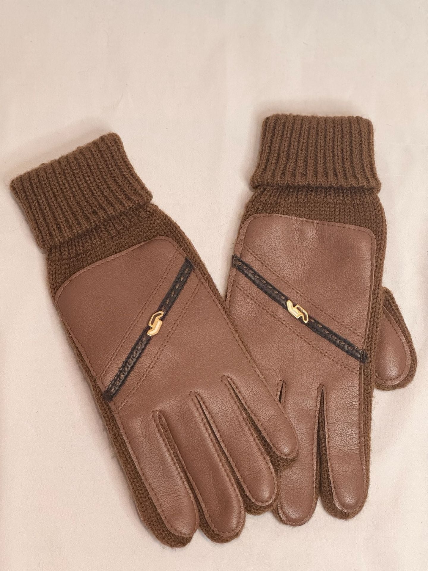 Vintage English Village Brown Leather and Knit Gloves 2
