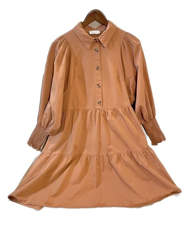 böhme Camel Tiered Collared Smocked Cuff Mini Dress Small/Medium 2