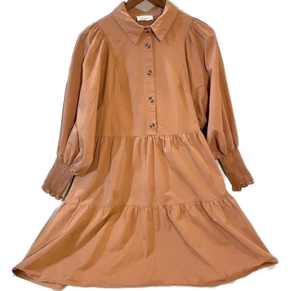 böhme Camel Tiered Collared Smocked Cuff Mini Dress Small/Medium