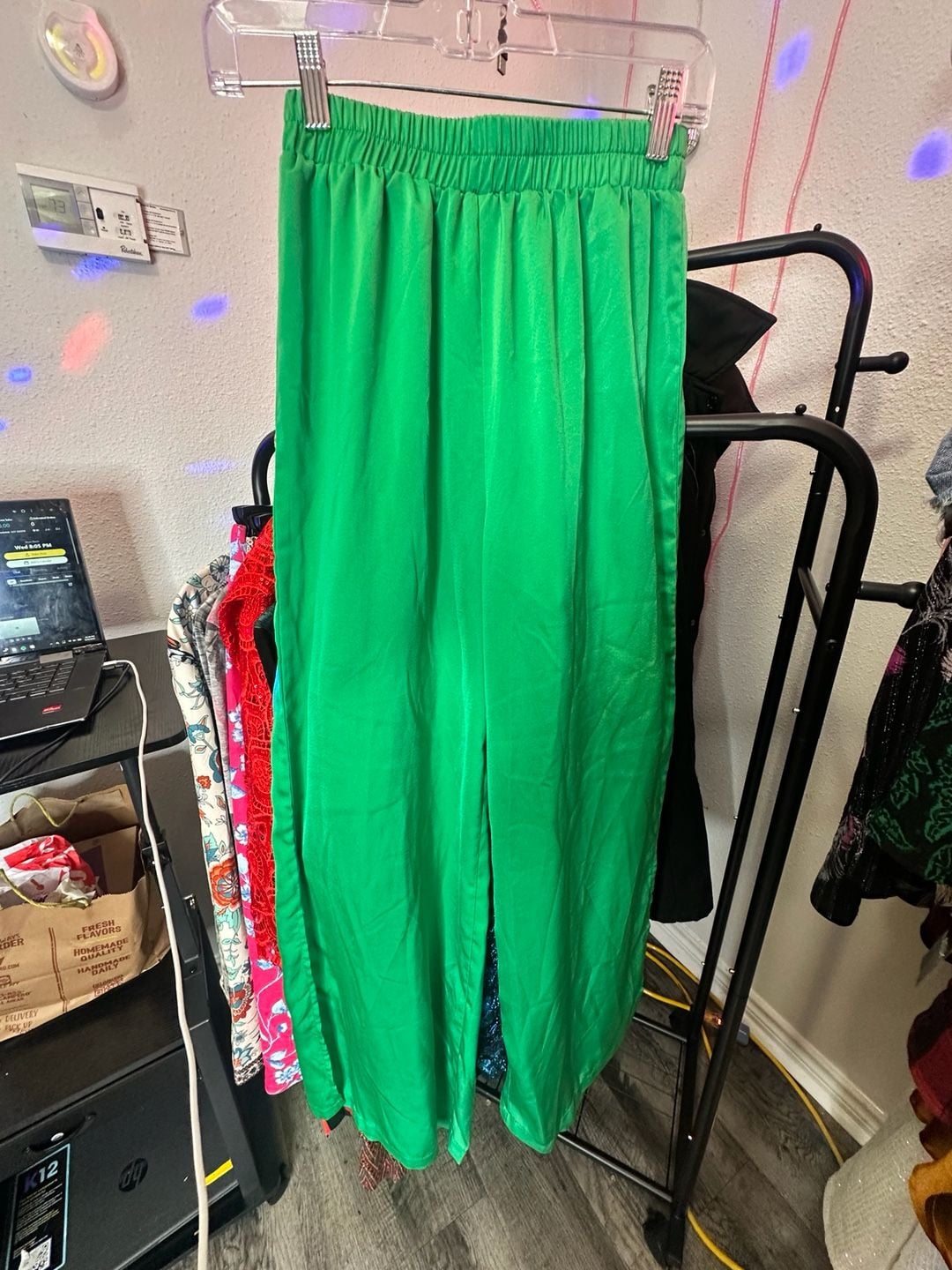 ZICH Green Satin Wide Leg Elastic Waist Pants Size 4 8