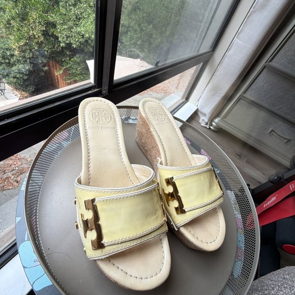 Tory Burch Yellow Patent Leather Logo Cork Wedge Sandals size 6M