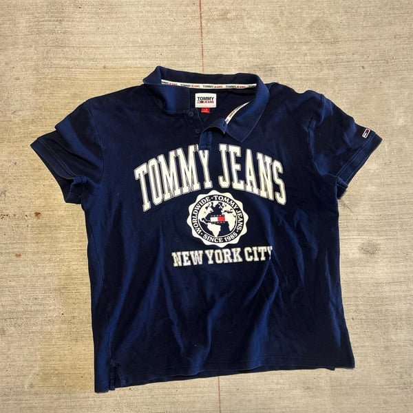 Y2K Tommy Jeans New York City Graphic Polo Shirt Navy Blue Size XL