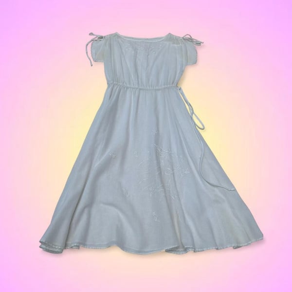 Vintage White Embroidered Peasant Dress with Tie Sleeves