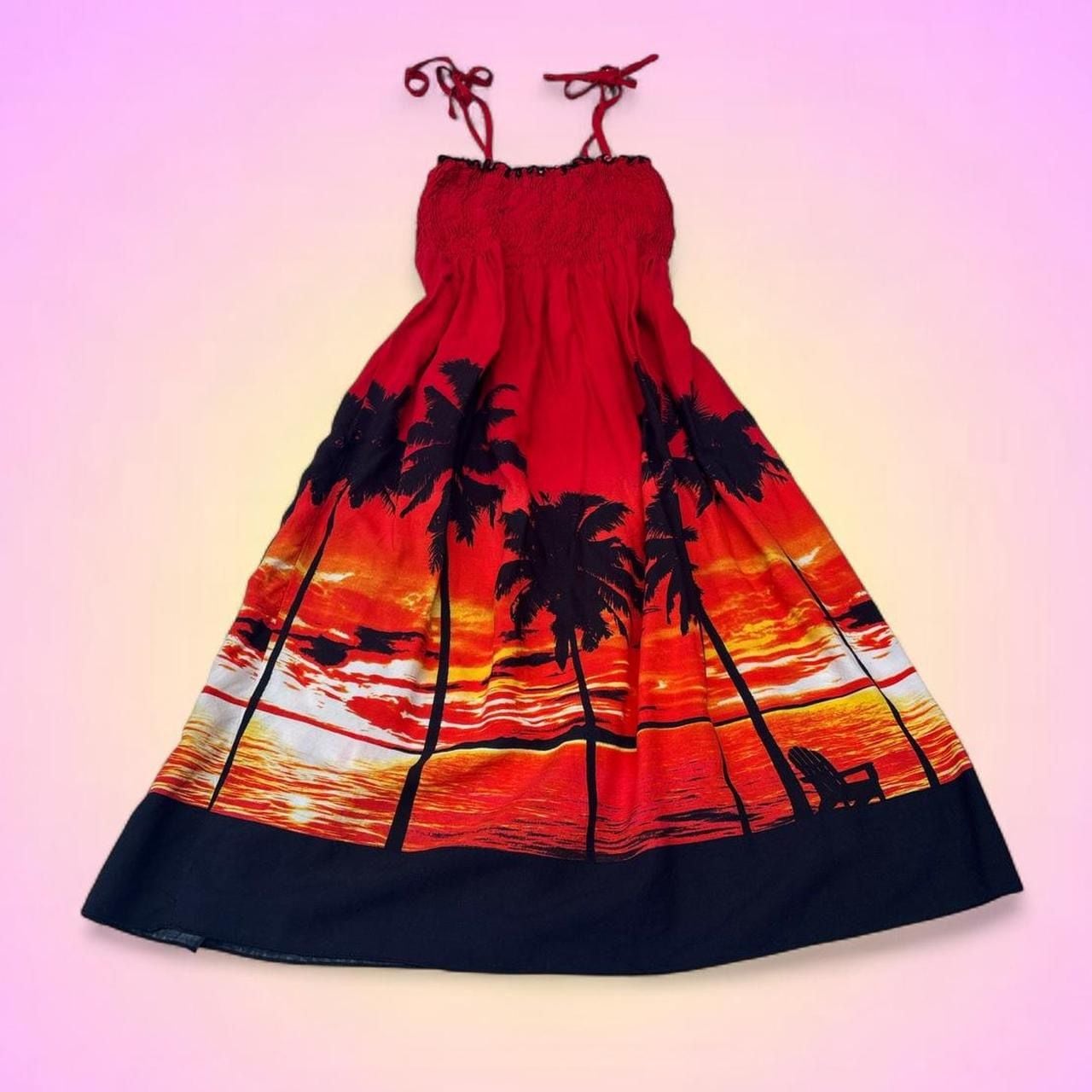 Vintage Tropical Sunset Palm Tree Print Smocked Sundress 2