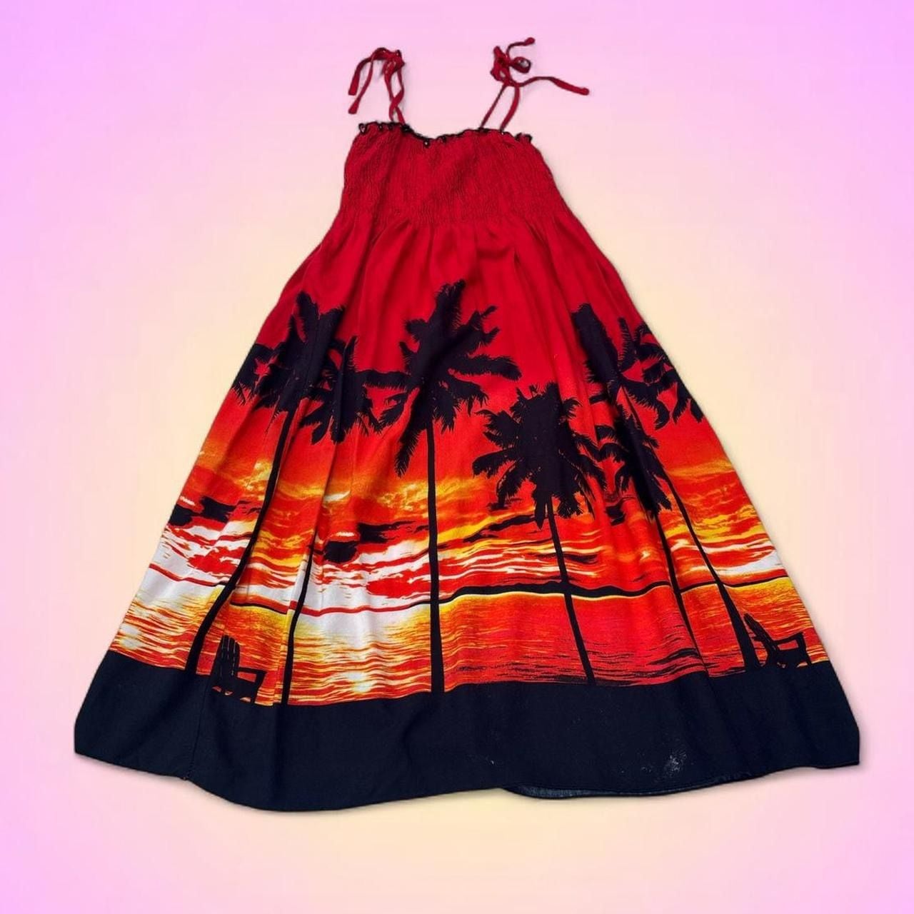 Vintage Tropical Sunset Palm Tree Print Smocked Sundress 3