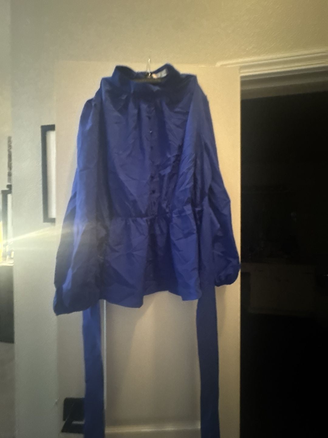 Zara Royal Blue High Neck Long Sleeve Blouse with Tie Waist 2