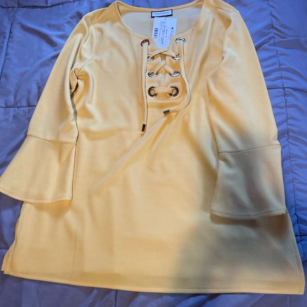 Charter Club Women's Yellow Lace-Up Bell Sleeve Top Size S