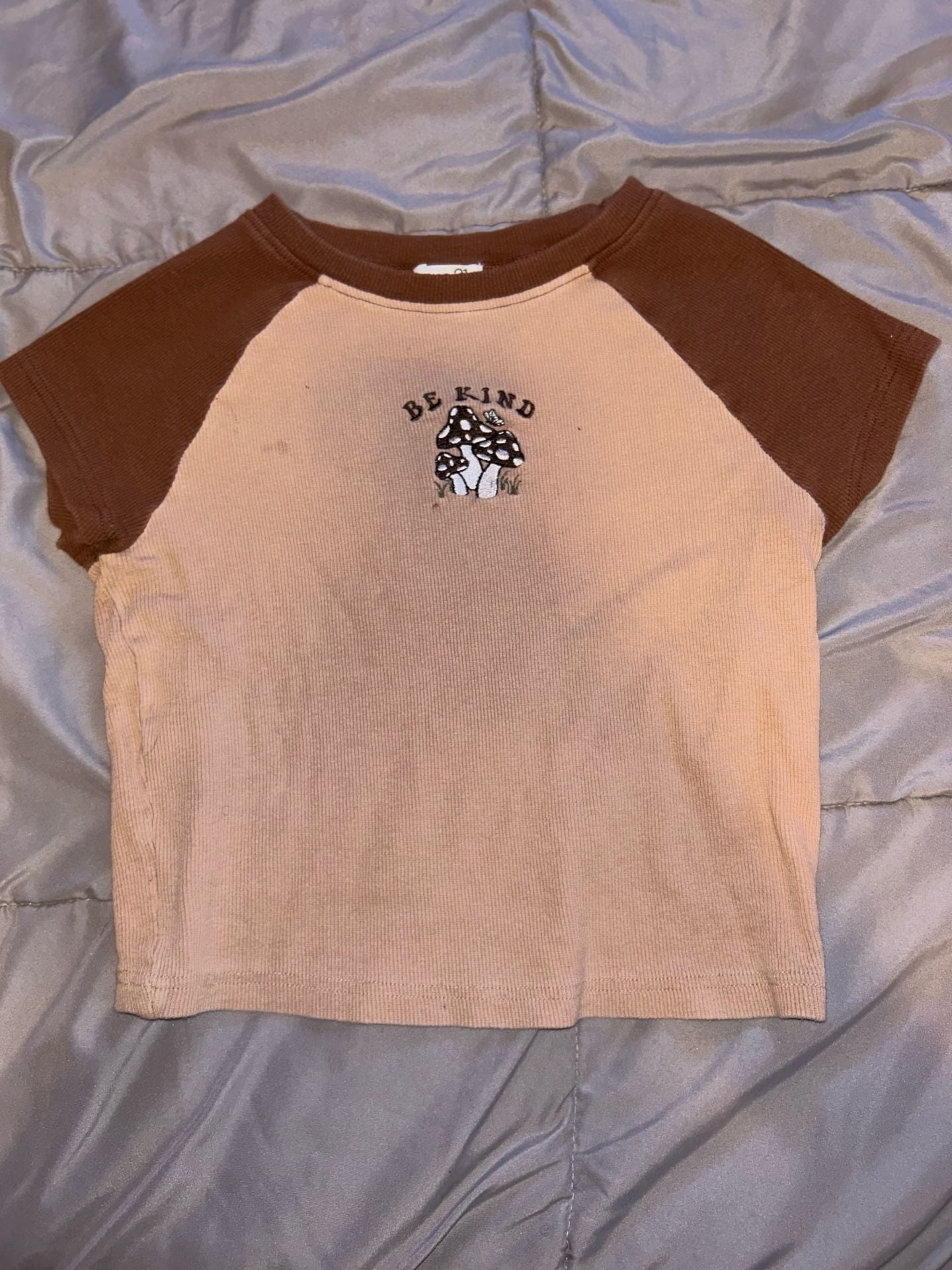 rue21 Be Kind Mushroom Embroidered Ribbed Raglan Crop Top Size L 2