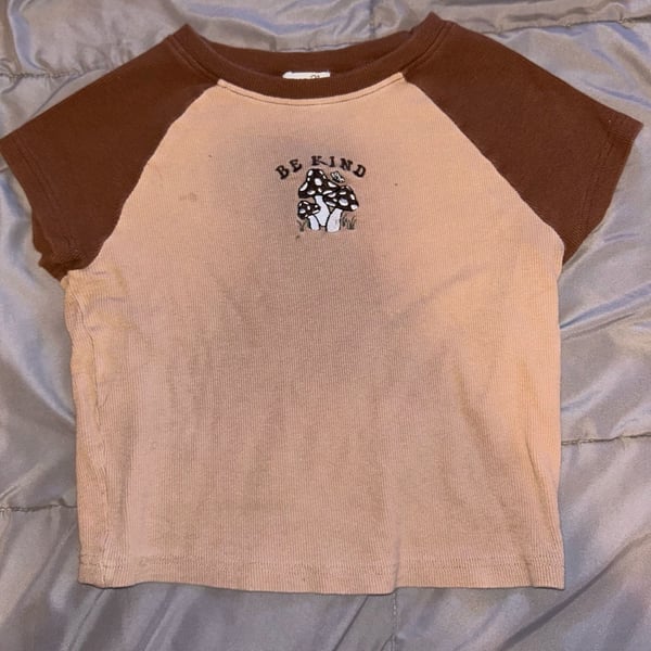 rue21 Be Kind Mushroom Embroidered Ribbed Raglan Crop Top Size L