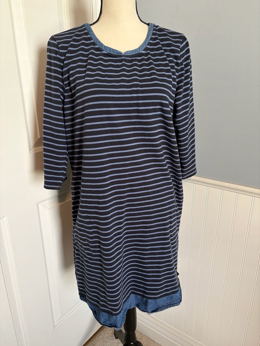 J.Jill Size L Blue Striped Cotton Tencel Lyocell Hem Dress 2