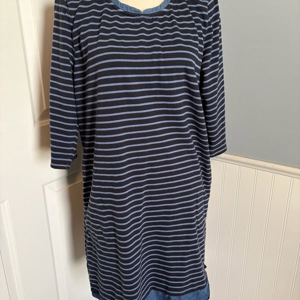 J.Jill Size L Blue Striped Cotton Tencel Lyocell Hem Dress
