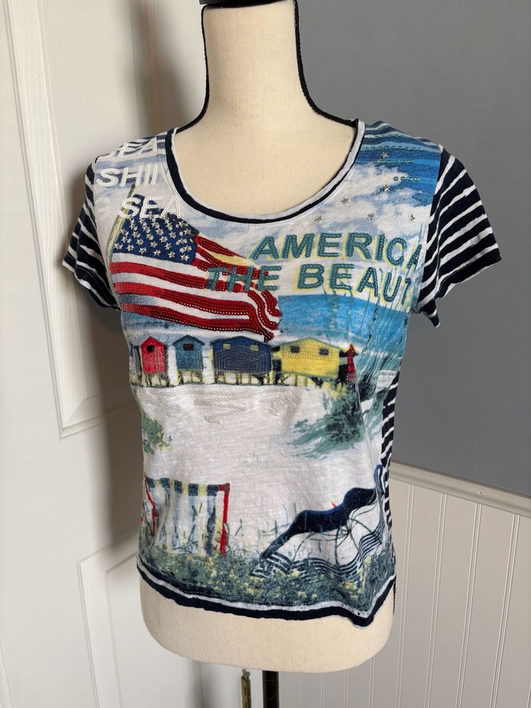 Onque Casual America The Beautiful Sequin Graphic T-Shirt Size PL 2