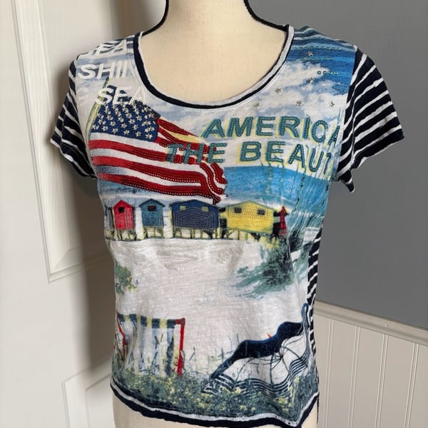Onque Casual America The Beautiful Sequin Graphic T-Shirt Size PL