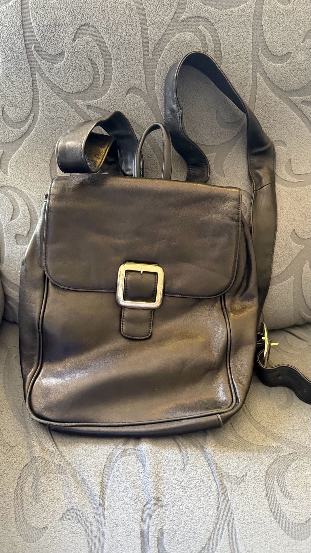 Vintage Black Leather Flap Backpack with Silver Tone Buckle 1