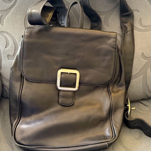 Vintage Black Leather Flap Backpack with Silver Tone Buckle