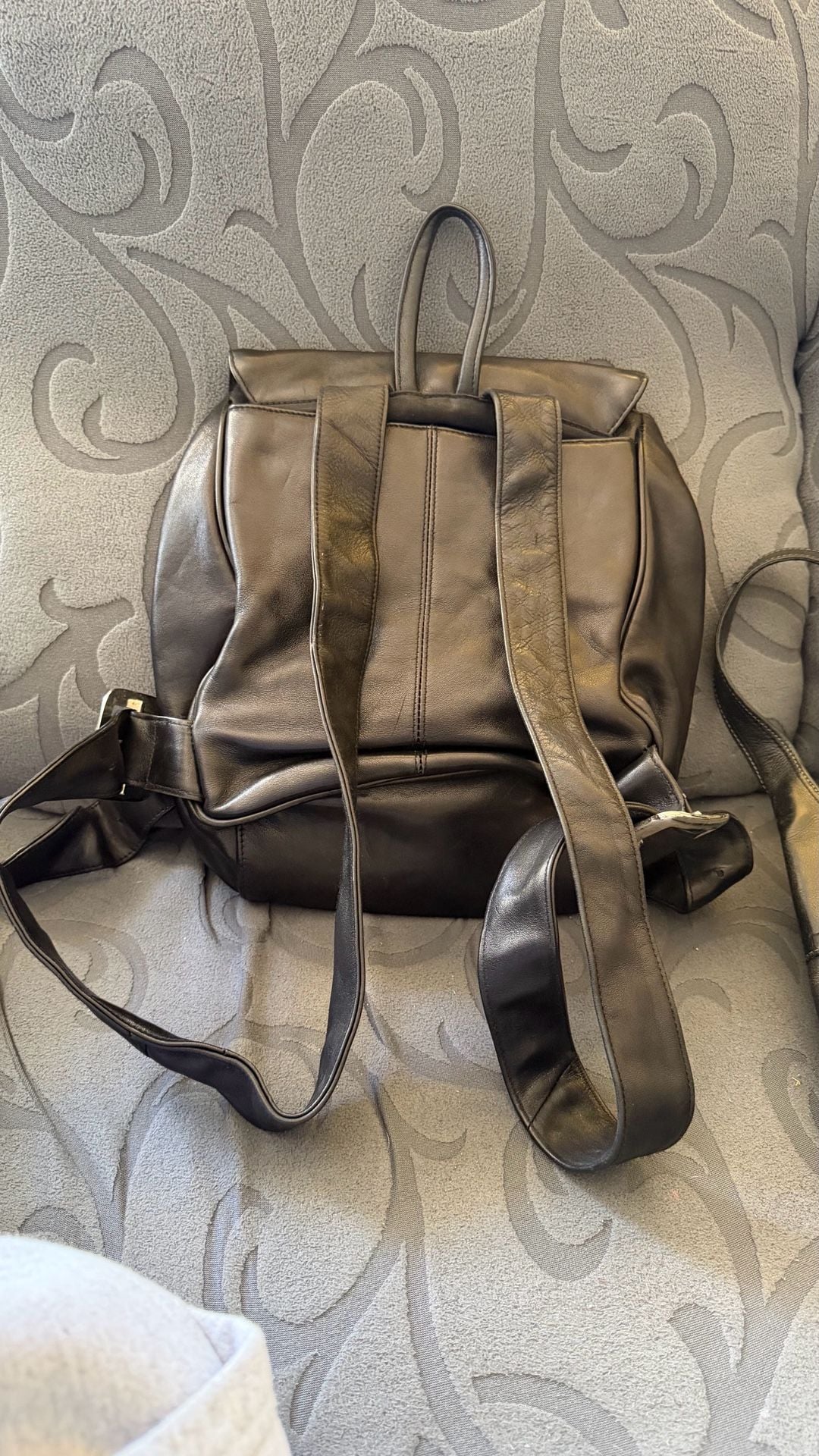 Vintage Black Leather Flap Backpack with Silver Tone Buckle 2