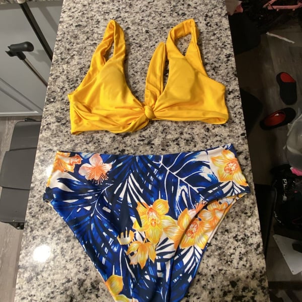 Women's Size S Yellow Knot Front Bikini w tropical Floral High-Waist