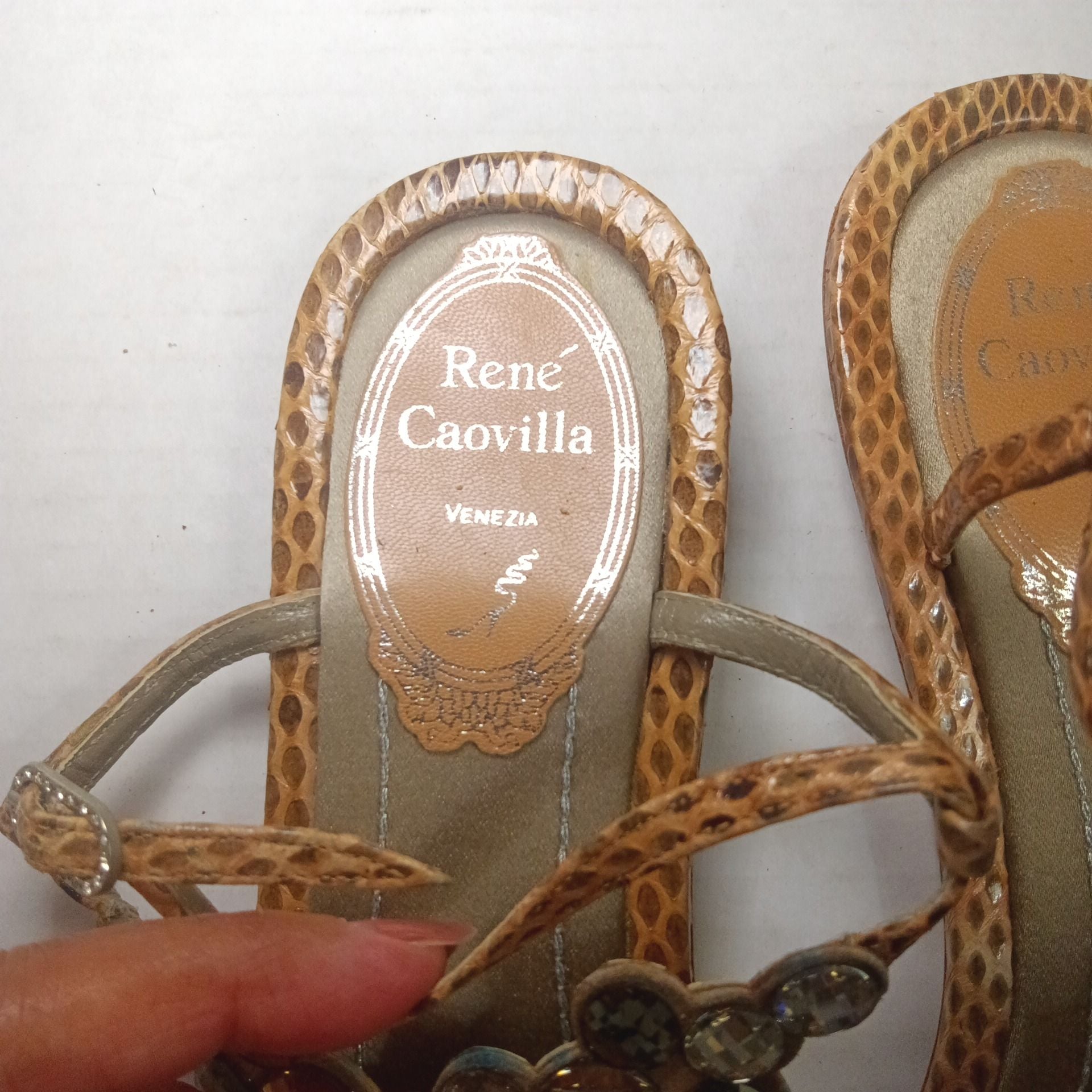 Rene Caovilla Embellished Snake Print Sandals Size 36.5 6