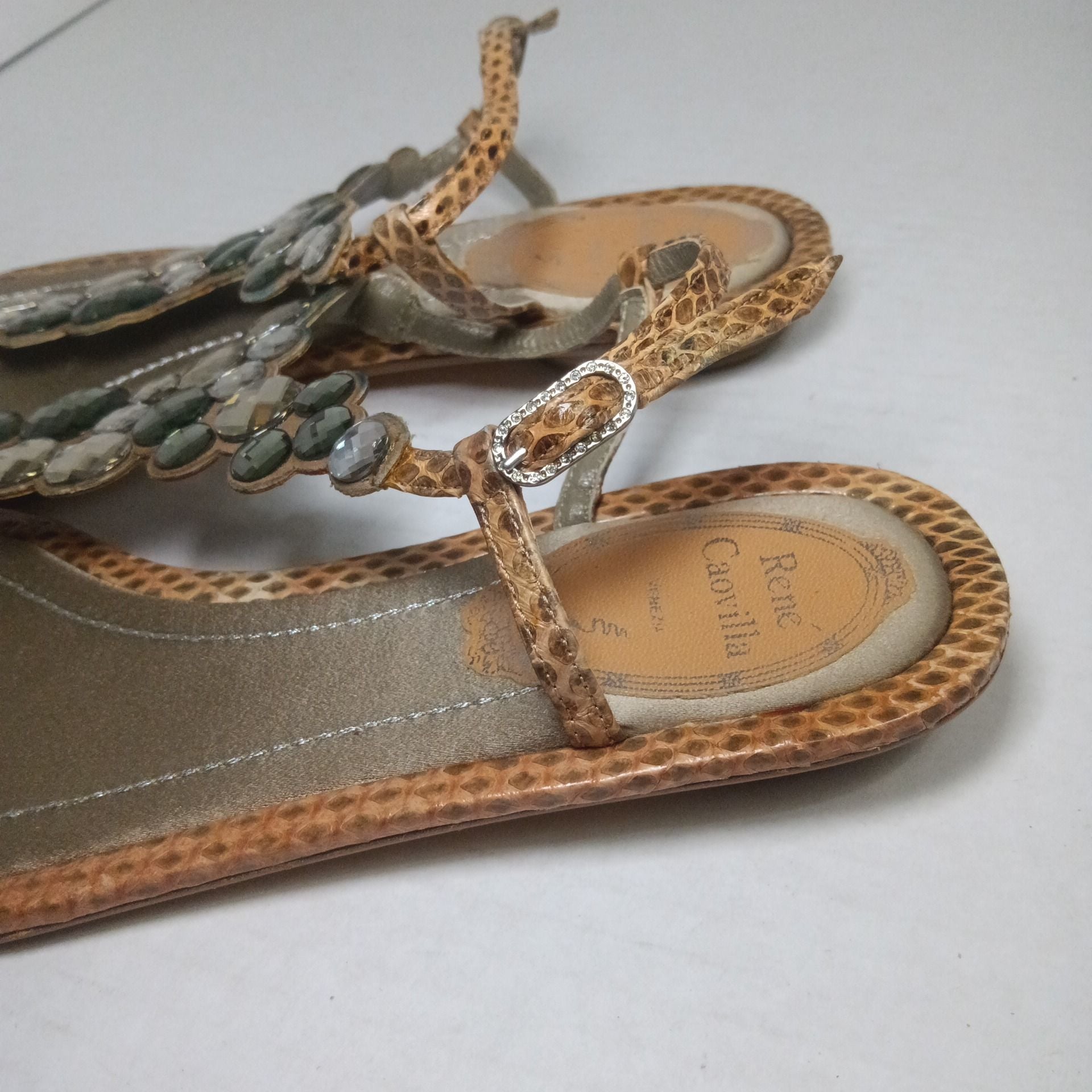 Rene Caovilla Embellished Snake Print Sandals Size 36.5 8