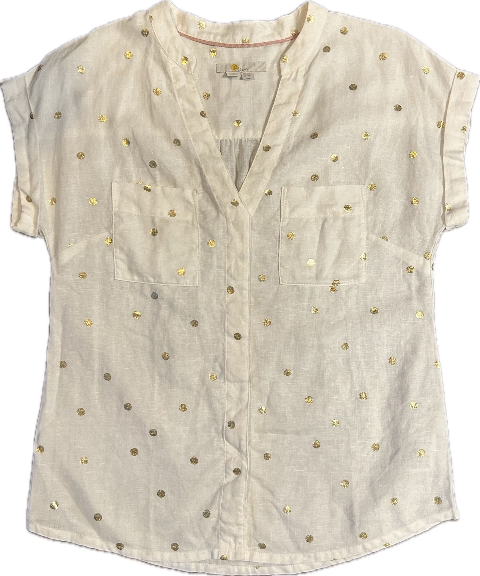 Boden Evie White Linen Gold Polka Dot Button Down Shirt Size US 2R 2