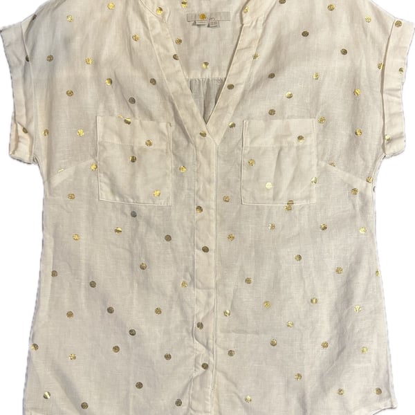 Boden Evie White Linen Gold Polka Dot Button Down Shirt Size US 2R