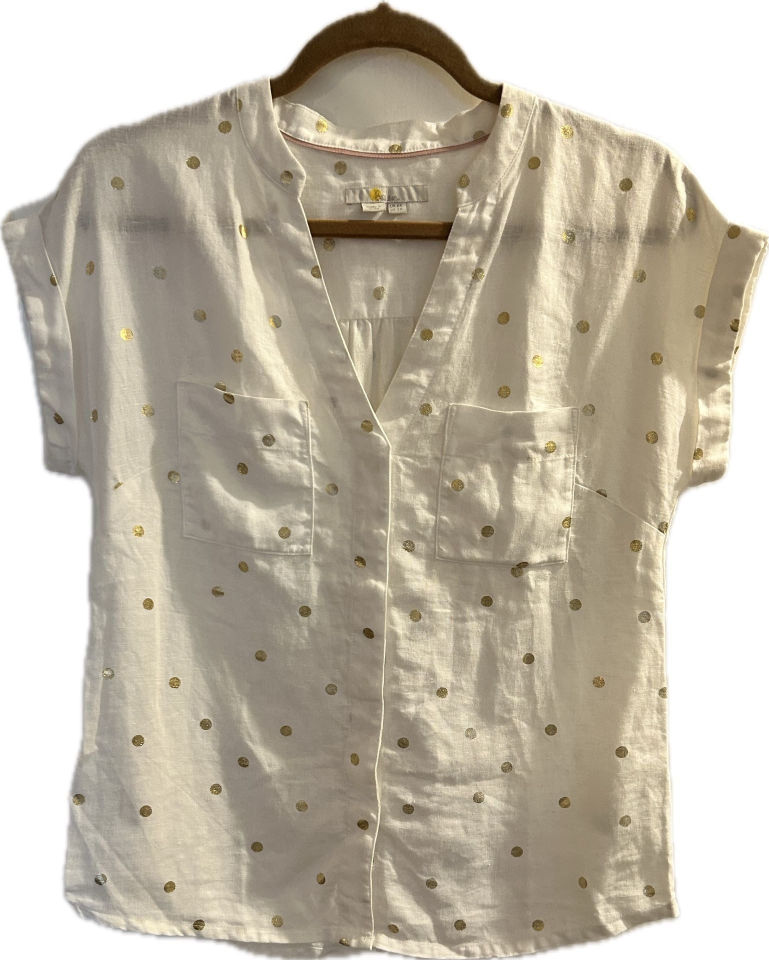 Boden Evie White Linen Gold Polka Dot Button Down Shirt Size US 2R 4