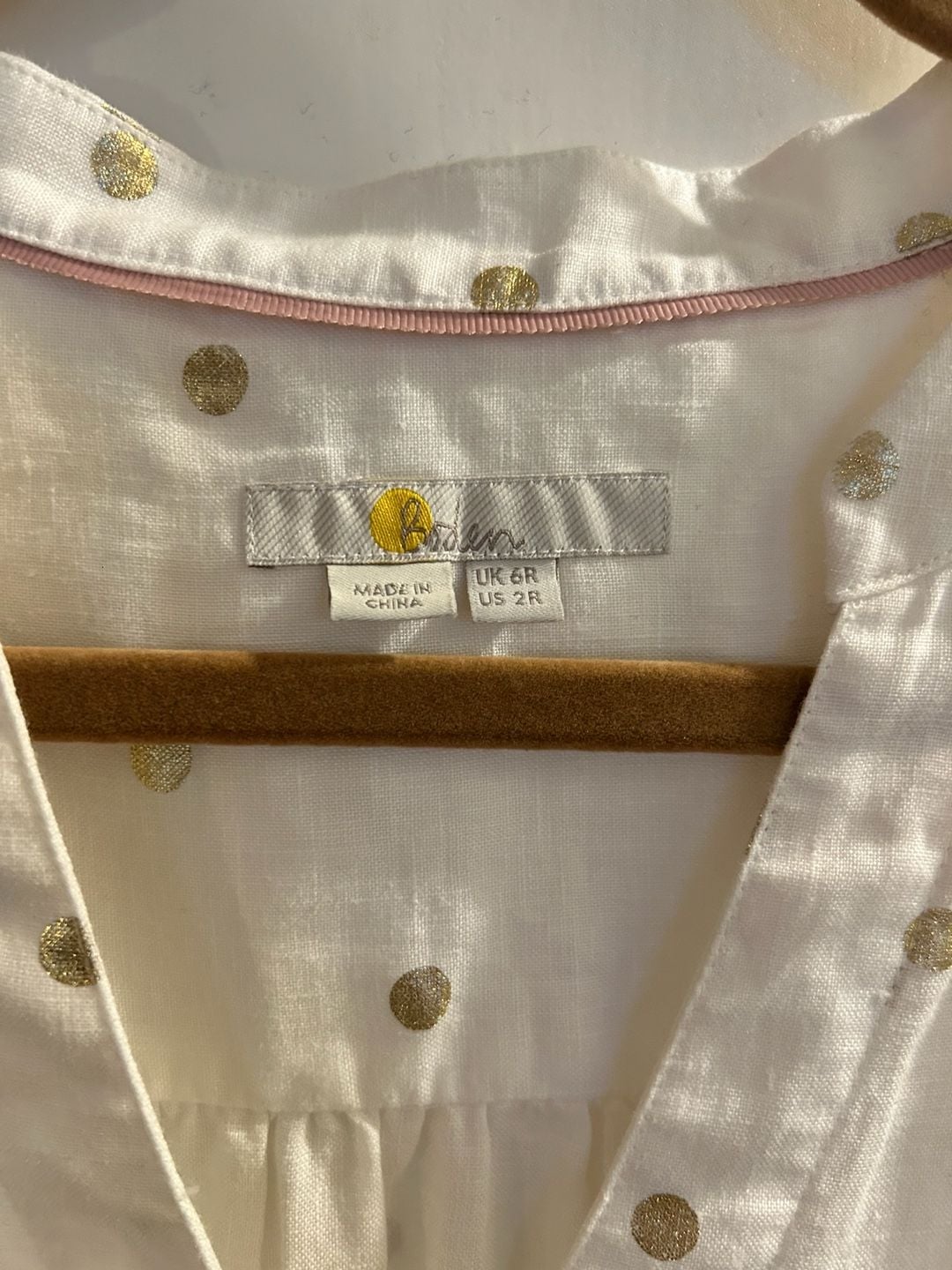 Boden Evie White Linen Gold Polka Dot Button Down Shirt Size US 2R 8