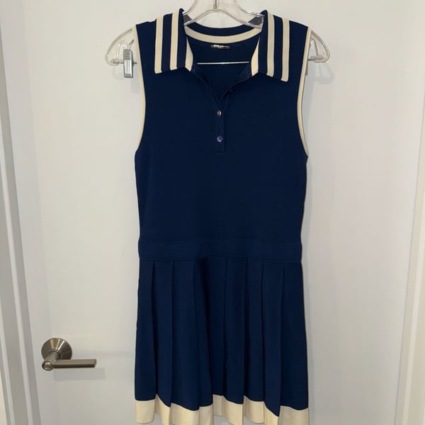 Alexis Moritz Pleated Knit Polo Dress Navy Cream Size M